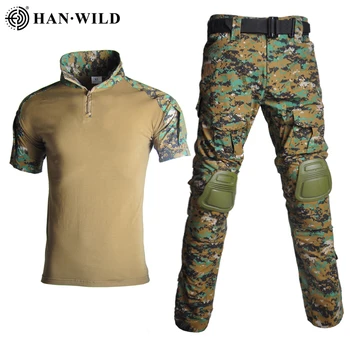 Военная камуфляжная форма HAN WILD, боевая футболка, тактический костюм для страйкбола, мужские брюки-карго для пейнтбола с накладками, походный комплект одежды