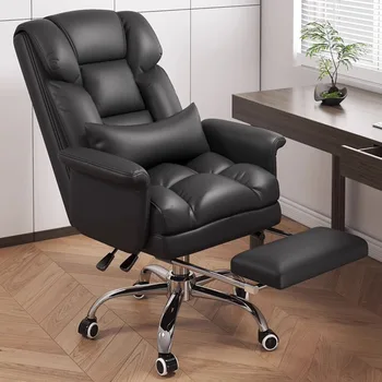 Вращающееся Офисное кресло для руководителей, Черный Скандинавский дизайн, Удобное Эргономичное кресло, Кожаный шезлонг с высокой спинкой, Офисная мебель