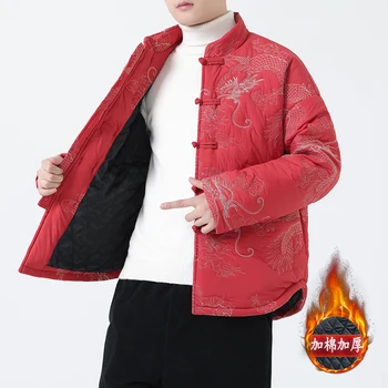 Высококачественная мужская куртка с хлопковой подкладкой в китайском стиле, новинка зимы, мужская куртка с вышивкой дракона, ретро тренд, мужское пальто с хлопковой подкладкой