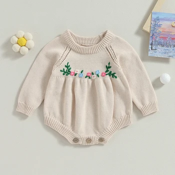 Вязаные комбинезоны для маленьких девочек с 3D цветочной вышивкой, круглый вырез, длинный рукав, комбинезоны для малышей, Осенний свитер, Боди