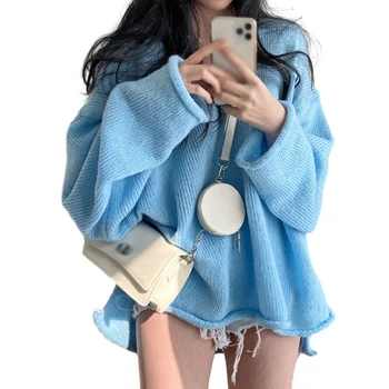 Вязаные свитера большого размера Женский пуловер Корейский свитер Однотонный женский свитер свободного кроя С длинным рукавом Свободный трикотаж