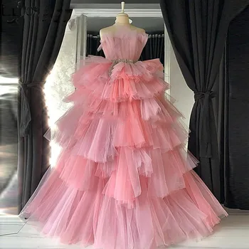 Гламурное Розовое многослойное кружевное вечернее платье с фестончатым вырезом, без рукавов, плиссированное вечернее платье с оборками, без бретелек, со шлейфом, вечернее платье, жилет