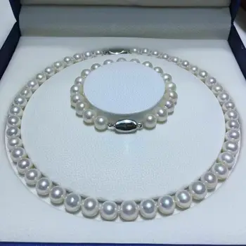 Горячее AAAA + японское ожерелье из белого жемчуга Akoya 9-10 мм, набор браслетов 925s