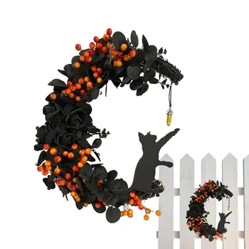 Дверной венок на Хэллоуин, Черная кошка, венки из Лунных роз, готическая вешалка для входной двери, для внутренней, наружной стены дома, фестиваль Хэллоуина