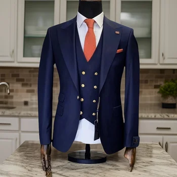 Деловые итальянские костюмы для мужчин Свадебный Смокинг жениха Для выпускного вечера Slim Fit Темно-синий Джентльменский Блейзер на заказ 3 шт 2024