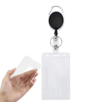 Держатель для бейджа с 2 карточками Прозрачный Вертикальный жесткий держатель для карт Жесткий чехол для защиты ID-карт с прорезью для большого пальца Цепочка
