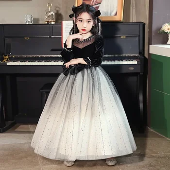 Детские Роскошные Элегантные вечерние платья, Длинное бальное платье в стиле Пэчворк с черными блестками, одежда для девочек, детские костюмы в тон принцессе