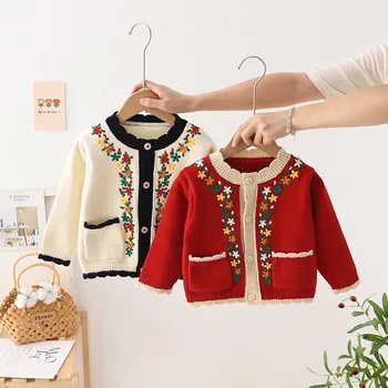 Детский кардиган, осенне-зимний кардиган для девочек с цветочной вышивкой, свитер с круглым вырезом и длинными рукавами, вязаный свитер