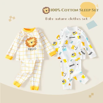 Детский хлопковый спальный комплект Для новорожденных мальчиков и девочек Комплект одежды с длинным рукавом Пижама с мультяшным принтом Костюм Комплект термобелья