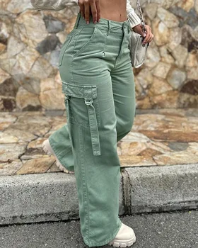 Дизайн карманов, брюки-карго с высокой талией, женские однотонные летние весенние брюки-сафари