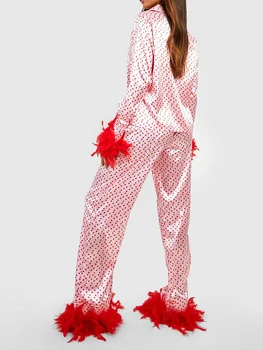 Женская атласная шелковая пижама, комплекты для отдыха с отделкой из перьев, рубашка с принтом в виде сердца, подходящие брюки, пижама на день Святого Валентина, пижамы