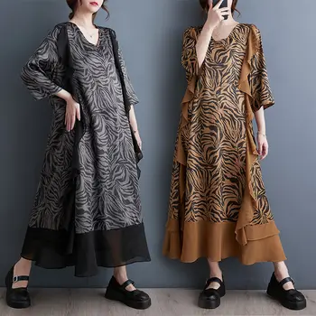 Женская одежда в стиле ретро оверсайз 2023 Осень Корейская мода Платье с рисунком зебры Универсальное элегантное длинное платье большого размера z3034
