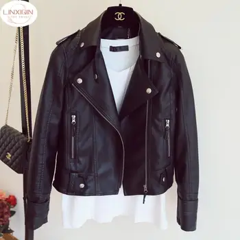 Женская осенняя кожаная куртка Moto Biker Motocycle, женская верхняя одежда, классическое пальто из искусственной кожи, черный отложной воротник