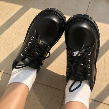 Женская Повседневная Обувь; Коллекция 2021 года; Черные Женские Туфли в Британском стиле; Модная Низкая Женская Удобная Кожаная Обувь на шнуровке; Zapatillas Mujer