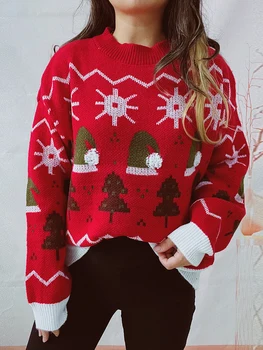 Женская Рождественская Шапка, Вязаный свитер С круглым вырезом и длинным рукавом, Пуловер со Снежинками, Трикотажные топы
