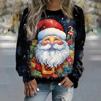 Женская спортивная рубашка с круглым вырезом, Рождественский пуловер с принтом Санта-Клауса, повседневная уличная одежда, топы, модная винтажная женская одежда, толстовки