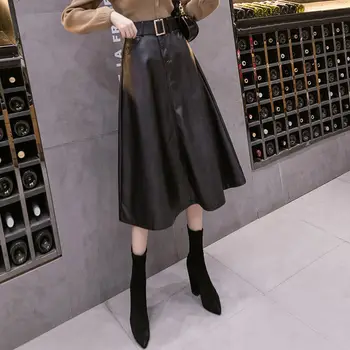 Женская универсальная плиссированная юбка в корейском стиле, Осень 2023, Новый пояс, Высокая талия, Длинная искусственная кожа, Элегантная трапециевидная юбка N95