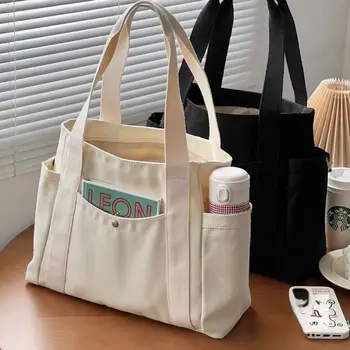 Женская холщовая сумка через плечо, Эко-шоппер в полоску многоразового использования, простая однотонная сумка большой емкости, повседневная простая сумка для студентов