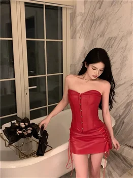 Женская элегантная мини-юбка-футляр из искусственной кожи на шнуровке, красная клубная одежда, рождественские наряды 2024 года