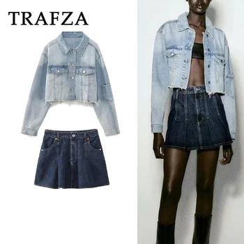Женские осенние джинсовые однотонные костюмы TRAFZA 2023, однобортная короткая куртка + Сексуальный карман в складку, тонкие мини-юбки, винтажные костюмы Felame