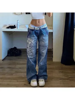 Женские свободные джинсы с низкой талией Джинсовые брюки с прямыми штанинами Брюки градиентного цвета с карманами для стирки Классическая уличная одежда High Street