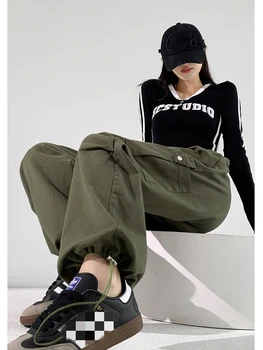 Женские спортивные брюки в уличном стиле с завязками, модные однотонные женские прямые нейтральные тонкие брюки-карго с высокой талией