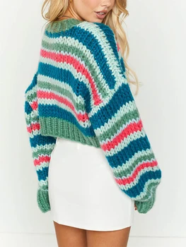 Женские укороченные свитера ручной вязки с круглым вырезом, повседневные Свободные радужные пуловеры с длинным рукавом, укороченные топы, Гранжевый джемпер
