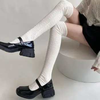 Женские чулки Японская мода, однотонные носки до бедра, чулки Jk Lolita, Вязаные хлопковые длинные носки, чулки до бедра
