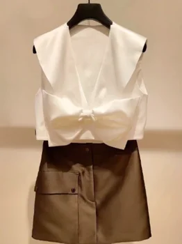 Женский комплект с галстуком-бабочкой, жилет без рукавов с V-образным вырезом, топы или мини-юбка трапециевидной формы с высокой талией