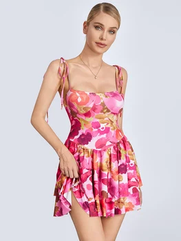 Женское летнее мини-платье в стиле бохо с цветочным рисунком, без рукавов, на бретельках, с рюшами по низу, праздничное платье vestidos