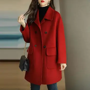 Женское пальто средней длины с отворотом, двубортное шерстяное пальто Стильное женское шерстяное пальто средней длины с двойным отворотом для осени / зимы