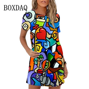 Женское платье с забавным абстрактным рисунком из мультфильма, повседневное платье с коротким рукавом и круглым вырезом, Свободное платье трапециевидной формы, Летний повседневный сарафан