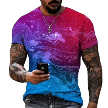 Звездное небо, усеянное красочной 3D-печатью, Летняя новая высококачественная одежда с круглым вырезом и коротким рукавом