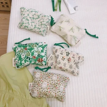Зеленая женская косметичка с цветочным рисунком, маленькие гигиенические салфетки, сумки для макияжа и губной помады, Хлопчатобумажный кошелек для помады с монетками
