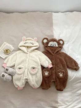 Зимний флисовый комбинезон для новорожденных с милым мультяшным кроликом и медведем Для мальчиков и девочек, утепленный комбинезон с капюшоном, детская теплая цельнокроеная одежда