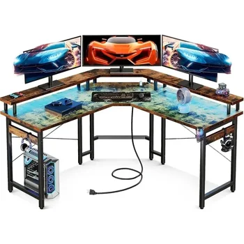 Игровой стол L-образной формы со светодиодной подсветкой и розетками, 51-дюймовый компьютерный стол с подставкой для монитора, угловой стол с подстаканником