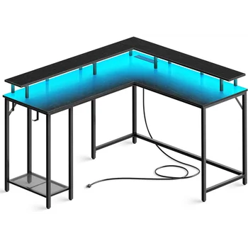 Игровой стол SUPERJARE L-образной формы с розетками и светодиодной подсветкой, Компьютерный стол с подставкой для монитора и полкой для хранения, домашний