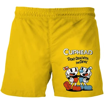Игровые пляжные шорты Cuphead с графическим рисунком, мужские шорты для серфинга с 3D-печатью, летние гавайские плавки, крутые ледяные шорты