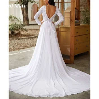 Изящное кружевное свадебное платье с длинными рукавами свадебное платье Шифоновое платье невесты с круглым вырезом, свадебное платье будущей невесты, vestidos de novia