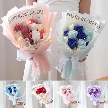 Искусственные розы Blue Enchantress, элегантные светодиодные фонари, букет цветов из органзы, подарок подруги на Женский день учителя
