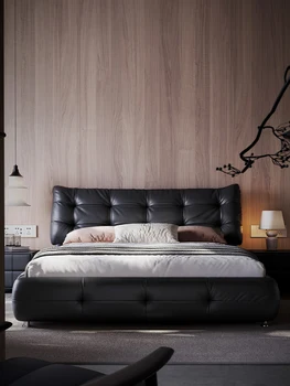 Итальянская минималистичная кожаная кровать Современная минималистичная спальня в скандинавском стиле с двуспальной мягкой кроватью