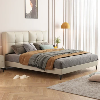 Итальянская светлая роскошная кожаная кровать, двуспальная свадебная кровать, двуспальная кровать king-size в главной спальне, современный и простой каркас из массива дерева, съемный