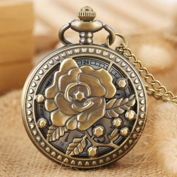 Карманные часы с полым цветком розы, бронзовые, с ожерельем, подарок для женщин и мужчин, подвеска в античном стиле, кварцевые карманные часы Half Hunter