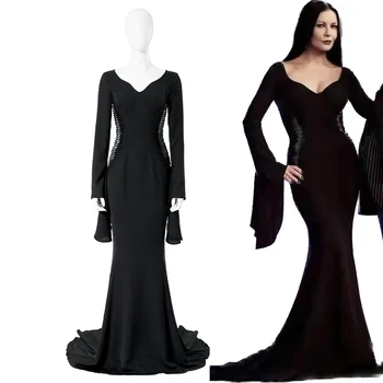 Качественное платье Addams Morticia Wednesday Mother, черный костюм, Длинное вечернее платье Black Bodycorn, наряд на Хэллоуин, Карнавальный костюм