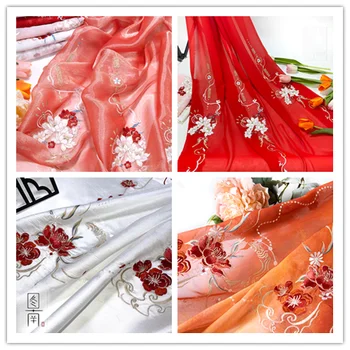Китайский классический стиль, ткань с вышивкой оранжевой камелией, шифоновая ткань, ткань для юбки hanfu, 1 метр