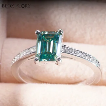 Кольцо с муассанитом сине-зеленого цвета весом 2 карата с драгоценным камнем изумрудной огранки Для женского свидания, прекрасный ювелирный подарок для вечеринки