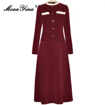 Комплект зимних дизайнерских винно-красных винтажных юбок MoaaYina, женские оборки, карманы на пуговицах, приталенное пальто + длинные юбки, комплект из 2 предметов