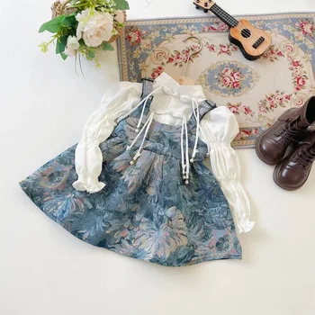 Комплект платьев для девочек из двух предметов, весна 2024, новое модное платье для девочек в стиле ретро с жаккардовыми бретельками, блузки с пузырчатыми рукавами, костюм
