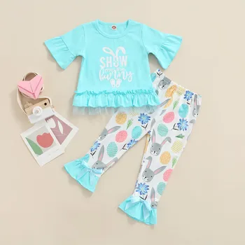 Комплекты из двух предметов для девочек ясельного возраста, футболка с коротким рукавом и круглым вырезом с буквенным рисунком + брюки с мультяшным животным принтом.