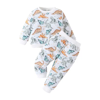 Комплекты осенних штанов для маленьких мальчиков, толстовка с длинным рукавом и штаны с принтом динозавра